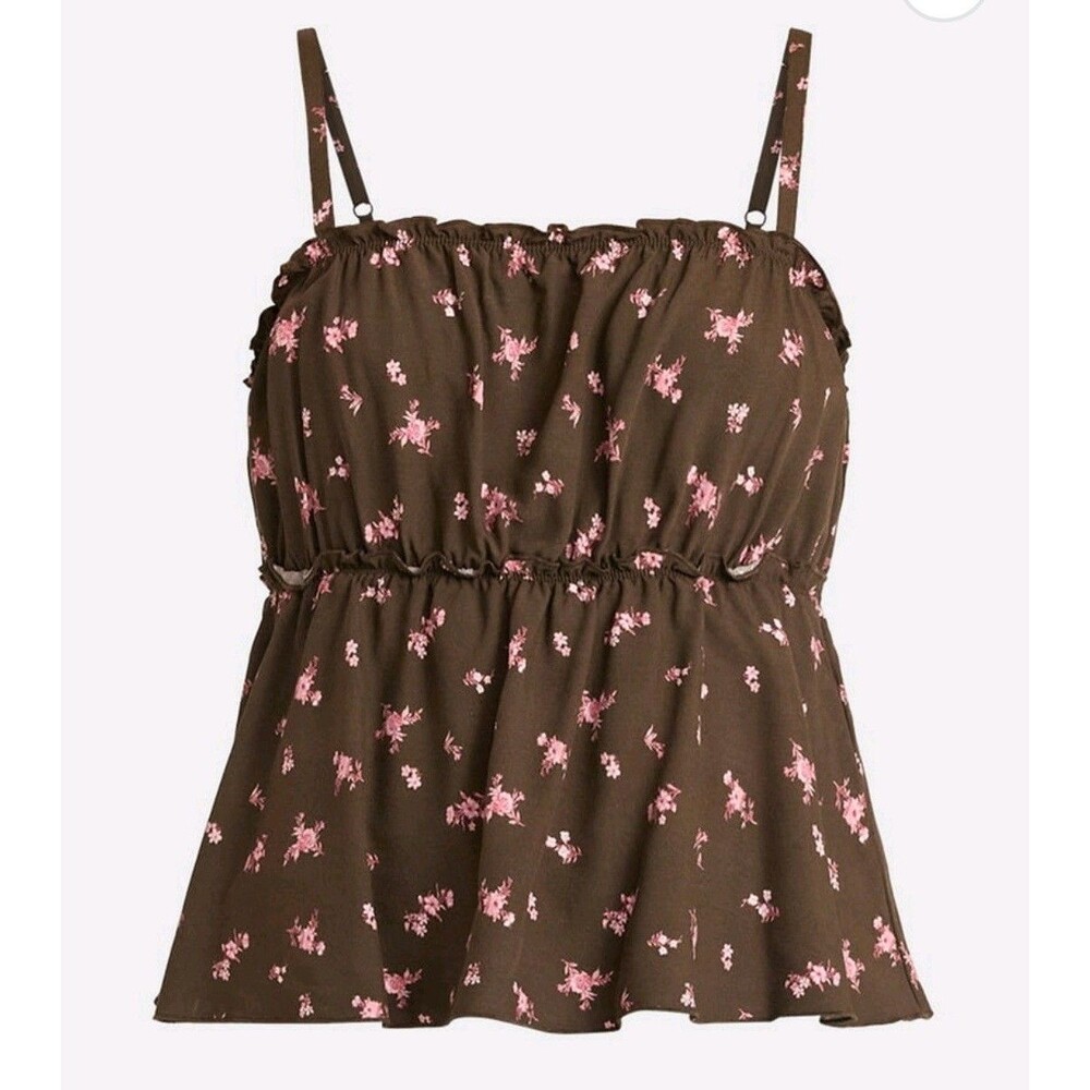 NWT Brown Babydoll Top Pink Flowers Women Sz L Boho Feminine No Boundaries